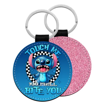 Stitch Touch Me And I Will Bite You, Μπρελόκ Δερματίνη, στρογγυλό ΡΟΖ (5cm)