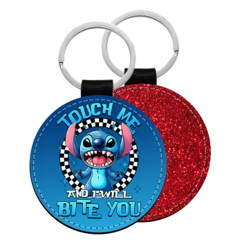 Stitch Touch Me And I Will Bite You, Μπρελόκ Δερματίνη, στρογγυλό ΚΟΚΚΙΝΟ (5cm)