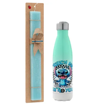 Stitch Touch Me And I Will Bite You, Easter Set, Metallic green/white thermos (Stainless steel), double-walled, 500ml & scented flat Easter candle (30cm) (TURQUOISE)