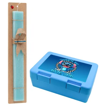 Stitch Touch Me And I Will Bite You, Πασχαλινή Λαμπάδα με παιδικό δοχείο κολατσιού ΓΑΛΑΖΙΟ & κερί αρωματικό πλακέ (30cm) (ΤΙΡΚΟΥΑΖ)