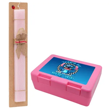 Stitch Touch Me And I Will Bite You, Easter Set, children's snack container PINK & scented flat Easter candle (30cm) (PINK)
