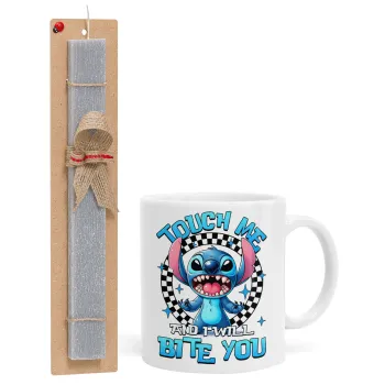 Stitch Touch Me And I Will Bite You, Easter Set, Ceramic Cup (330ml) & Easter aromatic flat candle (30cm) (GRAY)