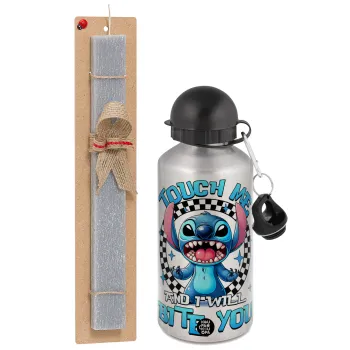 Stitch Touch Me And I Will Bite You, Easter Set, metallic silver aluminum water bottle (500ml) & aromatic flat Easter candle (30cm) (GRAY)