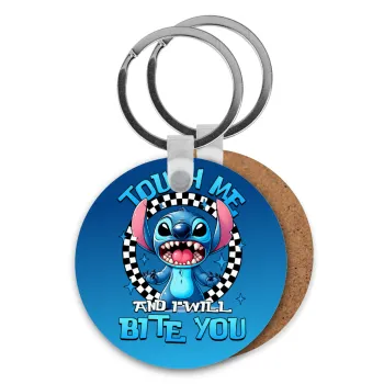 Stitch Touch Me And I Will Bite You, Μπρελόκ Ξύλινο στρογγυλό MDF Φ5cm