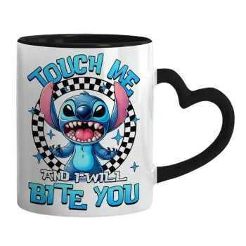 Stitch Touch Me And I Will Bite You, Κούπα καρδιά χερούλι μαύρη, κεραμική, 330ml