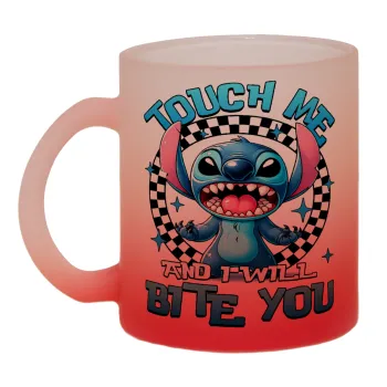 Stitch Touch Me And I Will Bite You, Κούπα γυάλινη δίχρωμη με βάση το κόκκινο ματ, 330ml