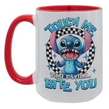 Stitch Touch Me And I Will Bite You, Κούπα Mega 15oz, κεραμική Κόκκινη, 450ml