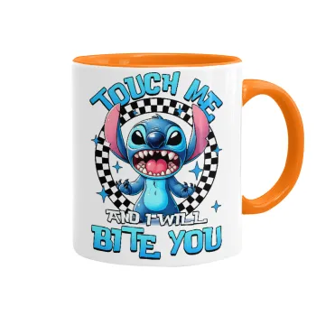 Stitch Touch Me And I Will Bite You, Κούπα χρωματιστή πορτοκαλί, κεραμική, 330ml