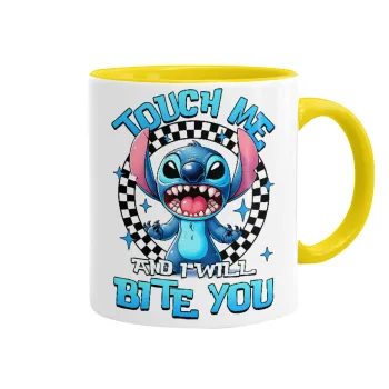 Stitch Touch Me And I Will Bite You, Κούπα χρωματιστή κίτρινη, κεραμική, 330ml