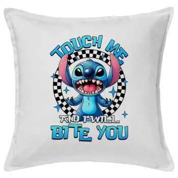 Stitch Touch Me And I Will Bite You, Μαξιλάρι καναπέ ΛΕΥΚΟ 100% βαμβάκι, περιέχεται το γέμισμα (50x50cm)