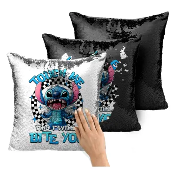 Stitch Touch Me And I Will Bite You, Μαξιλάρι καναπέ Μαγικό Μαύρο με πούλιες 40x40cm περιέχεται το γέμισμα