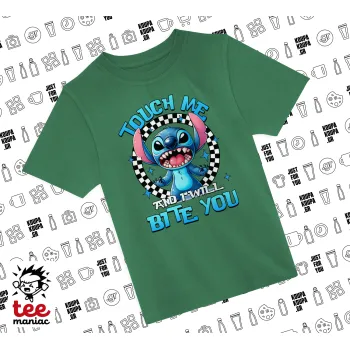 Stitch Touch Me And I Will Bite You, Άνετο παιδικό T-Shirt ΠΡΑΣΙΝΟ από 100% βαμβάκι, για κάθε μέρα. Vegan & OEKO-TEX πιστοποιημένο.