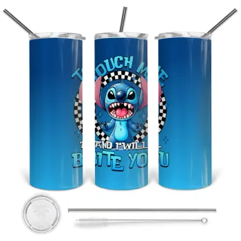 Stitch Touch Me And I Will Bite You, Tumbler ποτήρι θερμό από ανοξείδωτο ατσάλι 600ml, με μεταλλικό καλαμάκι & βούρτσα καθαρισμού
