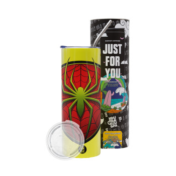 Spider-man, Neon Yellow Travel Tumbler, with metal straw (Stainless steel 304 Food grade, BPA free, 600ml)