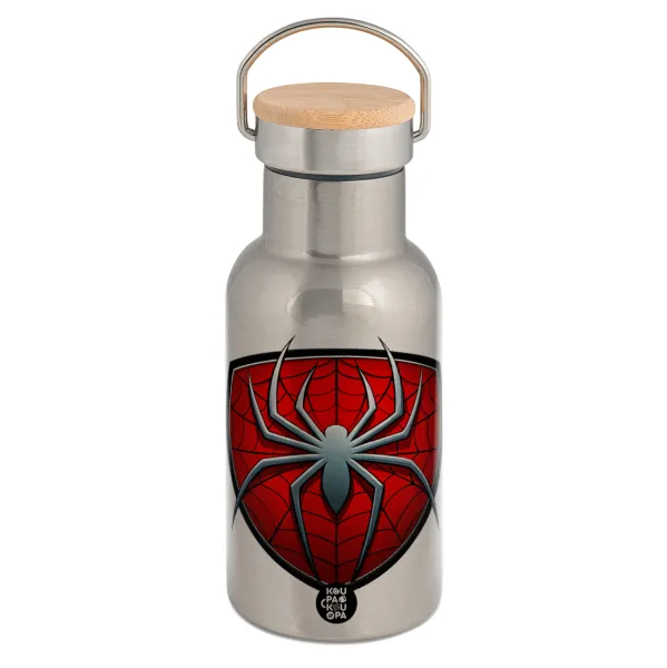 Spider-man — Stainless steel metallic thermos flask, silver with a bamboo lid, double-walled, 350ml.