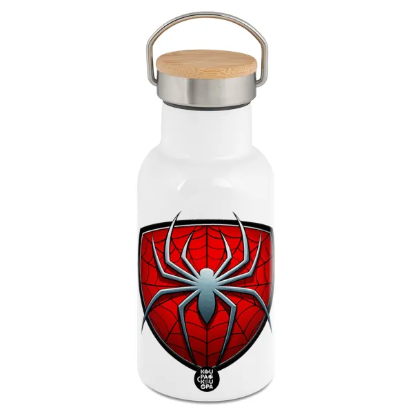 Spider-man — Metallic thermos (Stainless steel) White with wooden lid (bamboo), double-walled, 350ml