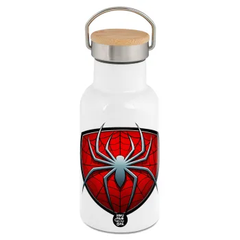 Spider-man, Μεταλλικό παγούρι θερμός (Stainless steel) Λευκό με ξύλινο καπακι (bamboo), διπλού τοιχώματος, 350ml