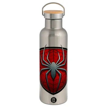 Spider-man, Μεταλλικό παγούρι θερμός (Stainless steel) Ασημένιο με ξύλινο καπακι (bamboo), διπλού τοιχώματος, 750ml