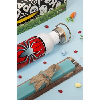 Spider-man, Πασχαλινή Λαμπάδα με παγούρι μεταλλικό (620ml, stainless steel) & κερί αρωματικό πλακέ (30cm) (ΤΙΡΚΟΥΑΖ)