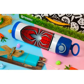 Spider-man, Πασχαλινή Λαμπάδα με Παιδικό παγούρι θερμό, ανοξείδωτο, με καλαμάκι ασφαλείας, ΜΠΛΕ (500ml)