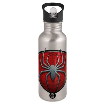 Spider-man, Water bottle Silver with straw, stainless steel 600ml