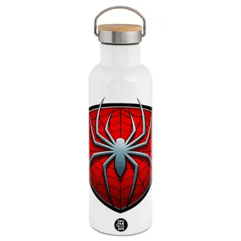 Spider-man, Μεταλλικό παγούρι θερμός (Stainless steel) Λευκό με ξύλινο καπάκι (bamboo), διπλού τοιχώματος, 750ml