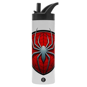 Spider-man, Metallic thermos bottle with straw & handle, stainless steel (Stainless steel 304), double-walled, 600ml.