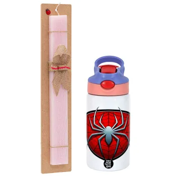 Spider-man, Πασχαλινή Λαμπάδα με Παιδικό παγούρι θερμό, ανοξείδωτο, με καλαμάκι ασφαλείας, ροζ/μωβ (350ml) & κερί αρωματικό πλακέ (30cm) (ΡΟΖ)