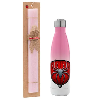 Spider-man, Easter Set, Metallic pink/white (Stainless steel) thermos, double-walled, 500ml & aromatic flat Easter candle (30cm) (PINK)