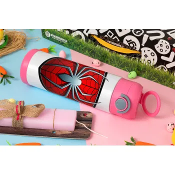 Spider-man, Πασχαλινή Λαμπάδα με Παιδικό παγούρι θερμό, ανοξείδωτο, με καλαμάκι ασφαλείας, ΡΟΖ (500ml)