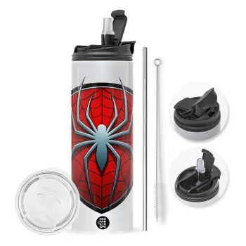 Spider-man, Travel Tumbler 2 Lids, with metal straw & cleaning brush (Stainless steel 304 Food grade, BPA free, 600ml)