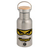 Stainless steel metallic thermos flask, silver with a bamboo lid, double-walled, 350ml.