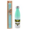 Easter Set, Metallic green/white thermos (Stainless steel), double-walled, 500ml & scented flat Easter candle (30cm) (TURQUOISE)