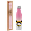 Easter Set, Metallic pink/white (Stainless steel) thermos, double-walled, 500ml & aromatic flat Easter candle (30cm) (PINK)
