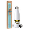 Easter Set, metallic stainless steel water bottle (750ml) & aromatic flat Easter candle (30cm) (TURQUOISE)