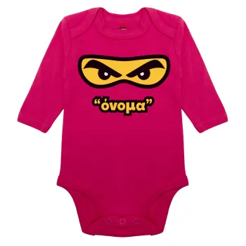 Ninja Eyes με όνομα, Μακρυμάνικο βρεφικό φορμάκι, 0-18 μηνών, ΡΟΖ, 100% Organic Cotton