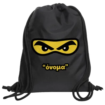 Ninja Eyes με όνομα, Τσάντα πλάτης πουγκί GYMBAG Μαύρη, με τσέπη (40x48cm) & χονδρά κορδόνια