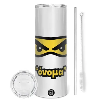 Ninja Eyes με όνομα, Tumbler ποτήρι θερμό από ανοξείδωτο ατσάλι 600ml, με μεταλλικό καλαμάκι & βούρτσα καθαρισμού