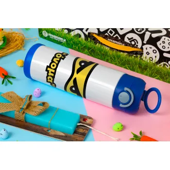 Ninja Eyes με όνομα, Easter candle, Childrens hot water bottle, stainless steel, with safety straw, BLUE (500ml)