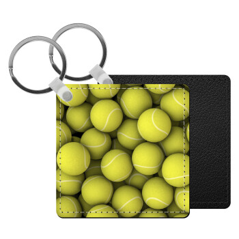 Tenis balls, Μπρελόκ Δερματίνη, τετράγωνο ΜΑΥΡΟ (5x5cm)