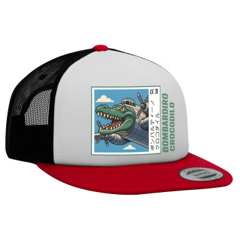 Bombardiro Crocodilo, Καπέλο Ενηλίκων Foam Flat Snapback με Δίχτυ Κόκκινο-Λευκό-Μαύρο (POLYESTER, ΕΝΗΛΙΚΩΝ, UNISEX, ONE SIZE)