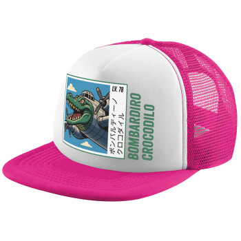 Bombardiro Crocodilo, Adult Soft Trucker Hat with Pink/White Mesh (POLYESTER, ADULT, UNISEX, ONE SIZE)