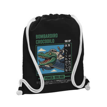 Bombardiro Crocodilo, Backpack pouch GYMBAG Black, with pocket (40x48cm) & thick white cords