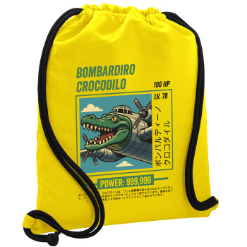 Bombardiro Crocodilo, Τσάντα πλάτης πουγκί GYMBAG Κίτρινη, με τσέπη (40x48cm) & χονδρά κορδόνια