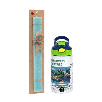 Bombardiro Crocodilo, Easter Set, Children's thermal stainless steel bottle with safety straw, green/blue (350ml) & aromatic flat Easter candle (30cm) (TURQUOISE)