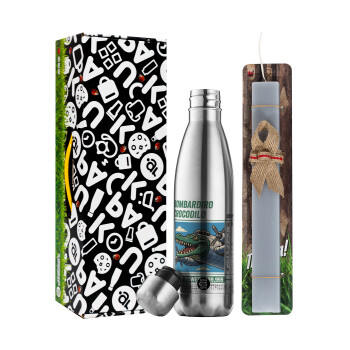 Bombardiro Crocodilo, Easter Set, metallic stainless thermos flask (500ml) & scented flat Easter candle (30cm) (GRAY)