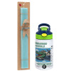 Easter Set, Children's thermal stainless steel bottle with safety straw, green/blue (350ml) & aromatic flat Easter candle (30cm) (TURQUOISE)