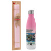 Easter Set, Metallic pink/white (Stainless steel) thermos, double-walled, 500ml & aromatic flat Easter candle (30cm) (PINK)