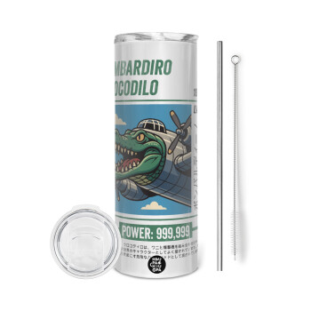 Bombardiro Crocodilo, Tumbler ποτήρι θερμό από ανοξείδωτο ατσάλι 600ml, με μεταλλικό καλαμάκι & βούρτσα καθαρισμού