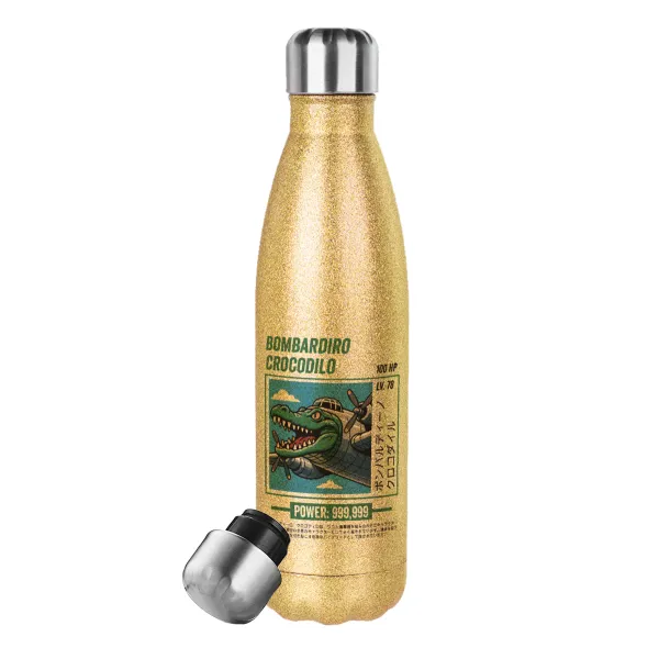 Bombardiro Crocodilo — Glitter gold stainless steel thermos bottle, double-walled, 500ml